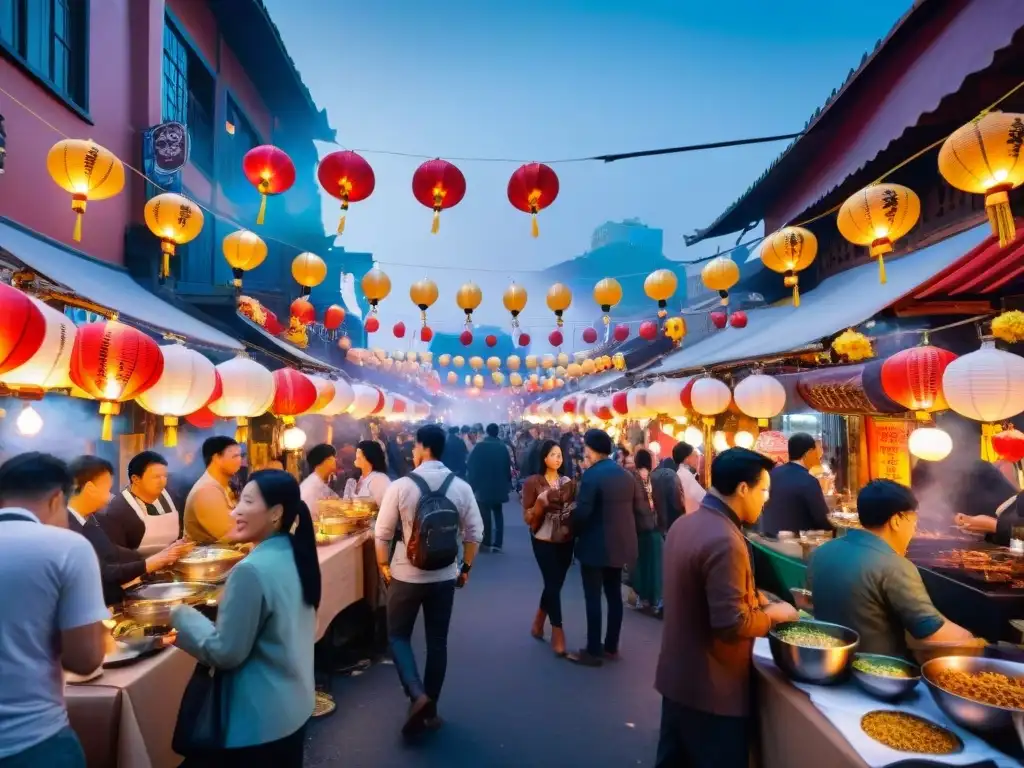 Un mercado nocturno asiático lleno de vida con influencia cocina asiática en occidente