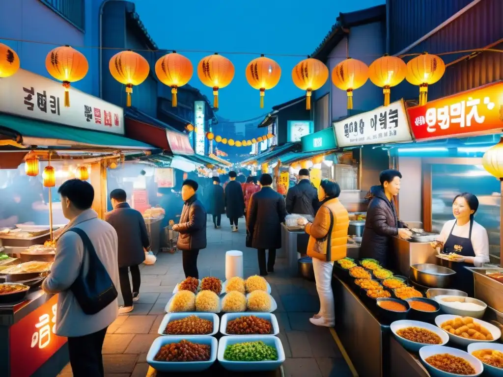 Un mercado nocturno bullicioso en Seúl, Corea del Sur, con sabores y colores vibrantes