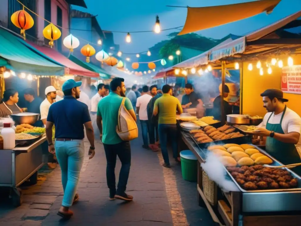 Un mercado nocturno en América Latina con comida callejera, luces coloridas y ambiente vibrante