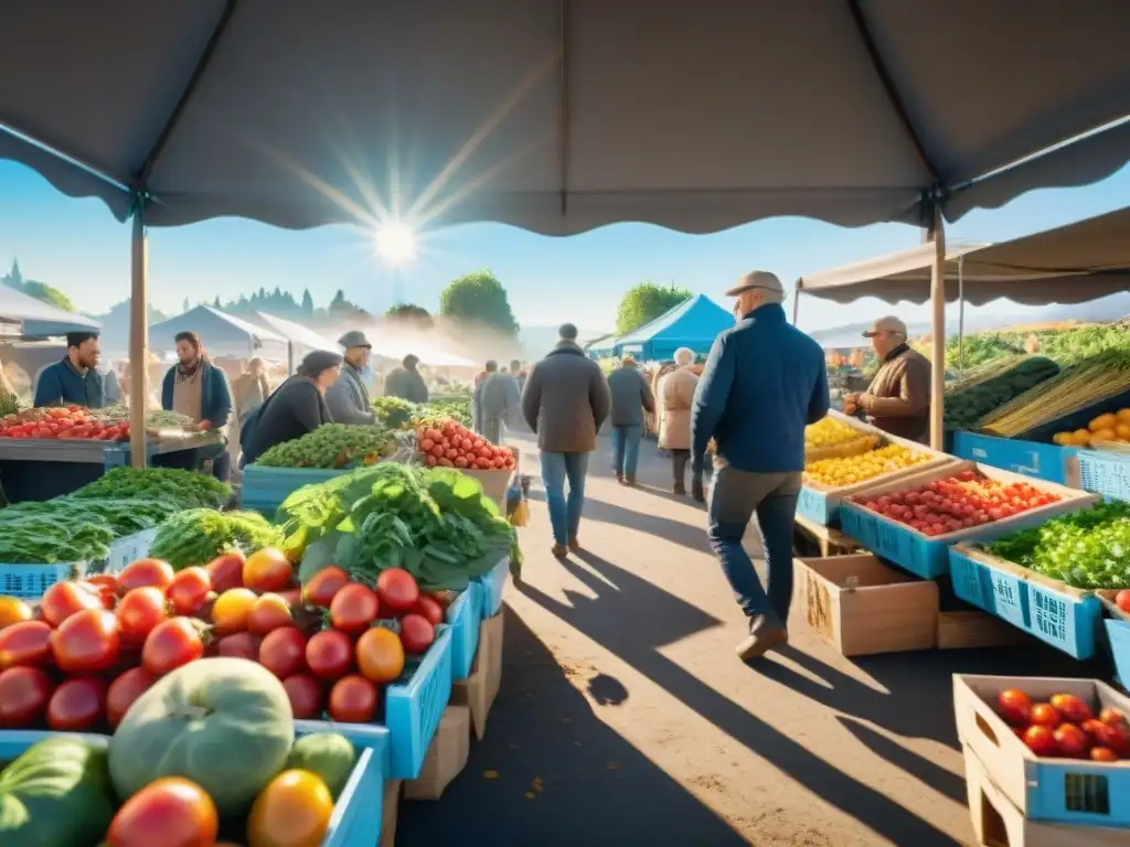 Un mercado orgánico bullicioso y colorido bajo un cielo azul brillante, con alimentos frescos y variados