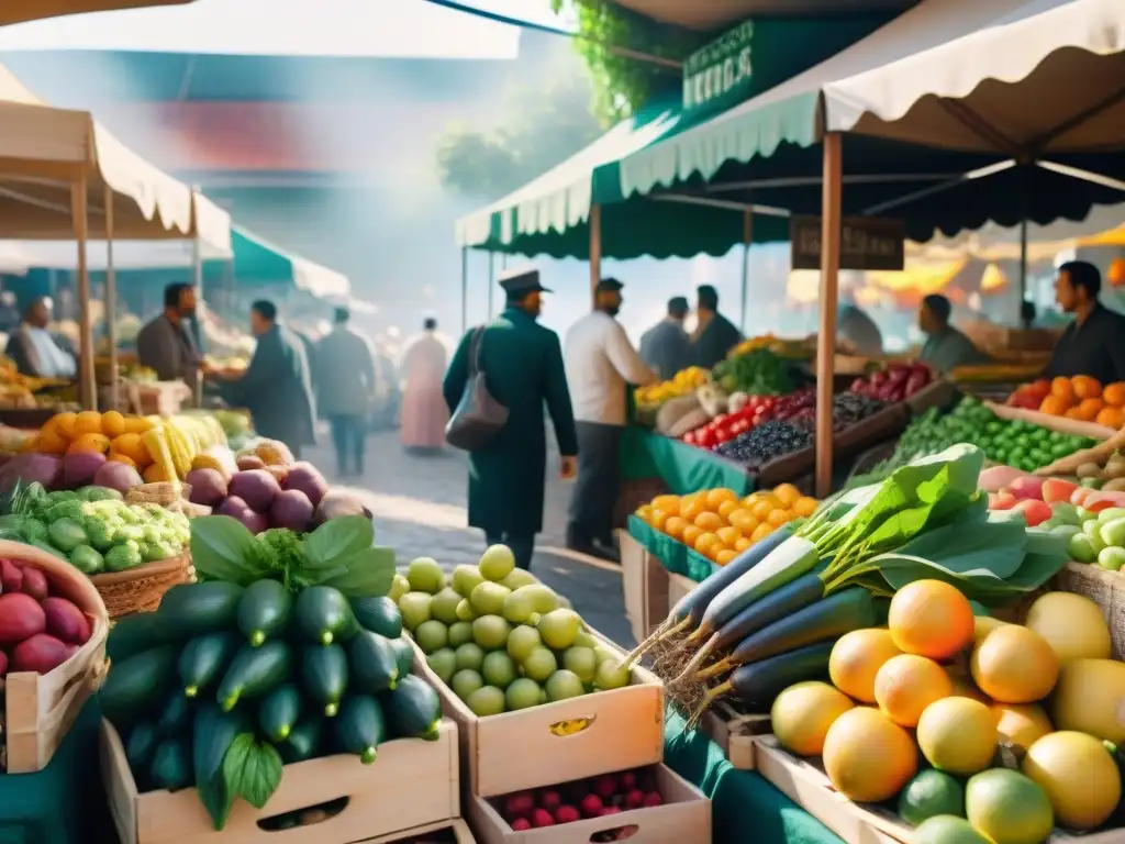 Un mercado orgánico lleno de vida y color, con puestos rebosantes de alimentos frescos y clientes interactuando