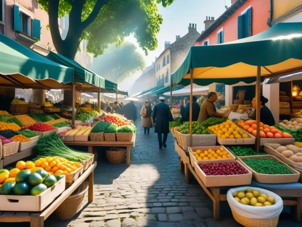 Un mercado orgánico local lleno de tesoros escondidos, con puestos coloridos y productos frescos en una plaza encantadora