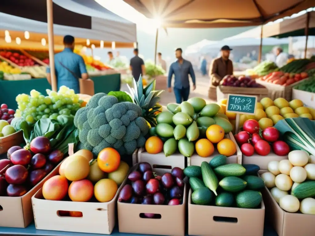 Un mercado orgánico vibrante y detallado, lleno de frutas, verduras y productos artesanales coloridos