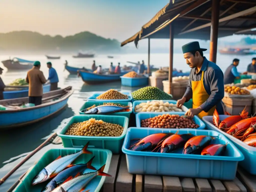 Un mercado de pescado bullicioso al amanecer en Asia, con barcos coloridos, mariscos exóticos y una atmósfera vibrante