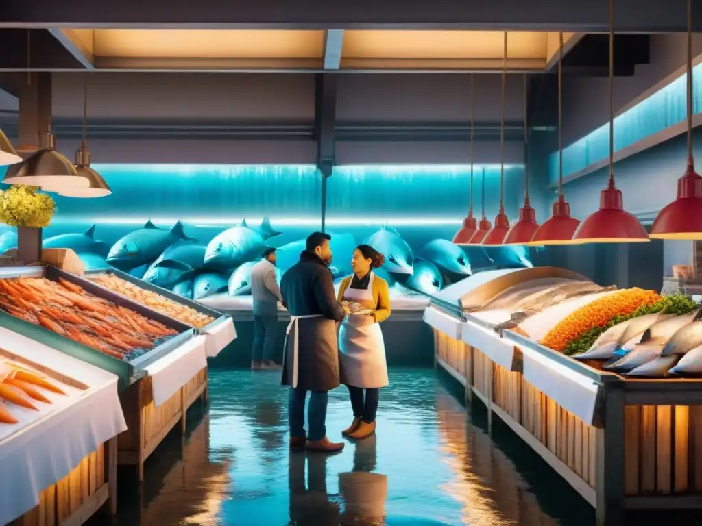 Un mercado de pescado premium vibrante y bullicioso, con pescados frescos sobre hielo brillante bajo luces intensas