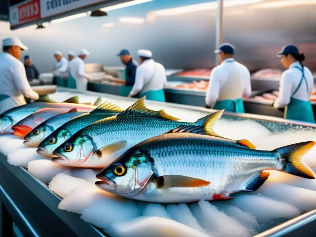 Un mercado de pescado vibrante al amanecer con frescura pescados premium importancia