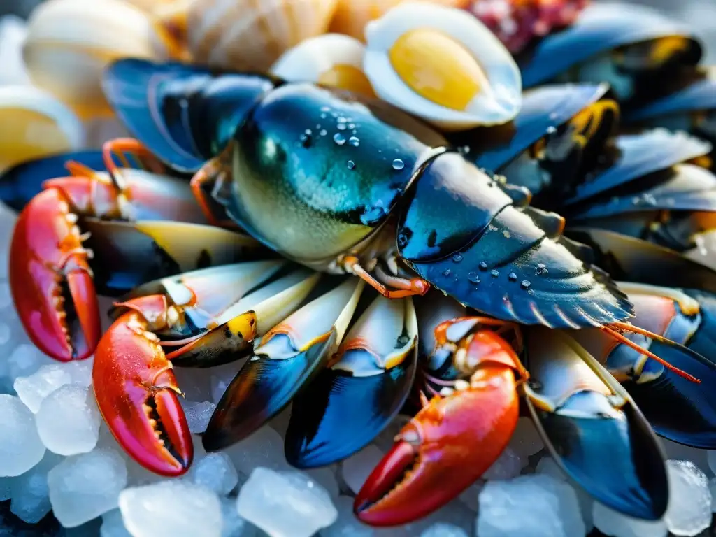 Un mercado de pescado vibrante con mariscos exóticos frescos y coloridos sobre hielo picado