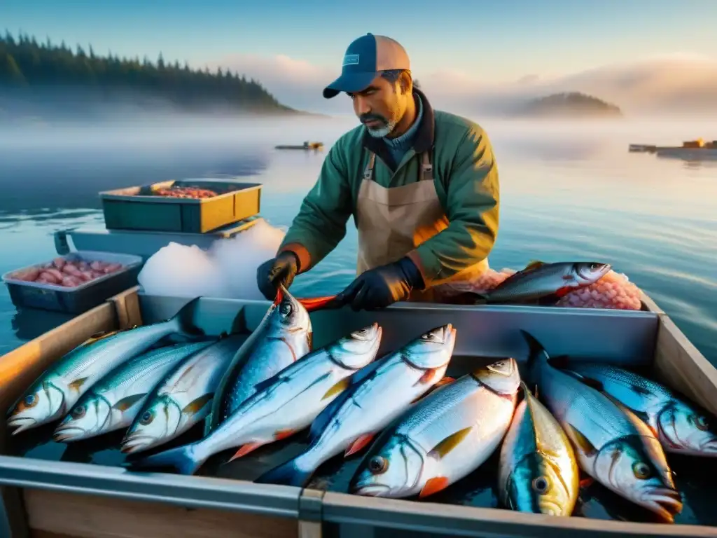 Un mercado pesquero vibrante con pescado fresco sobre camas de hielo, capturando la esencia de la pesca sostenible gourmet exploradores