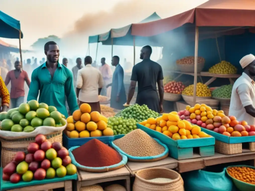 Un mercado senegalés bullicioso con puestos de frutas coloridas, especias aromáticas y clientes