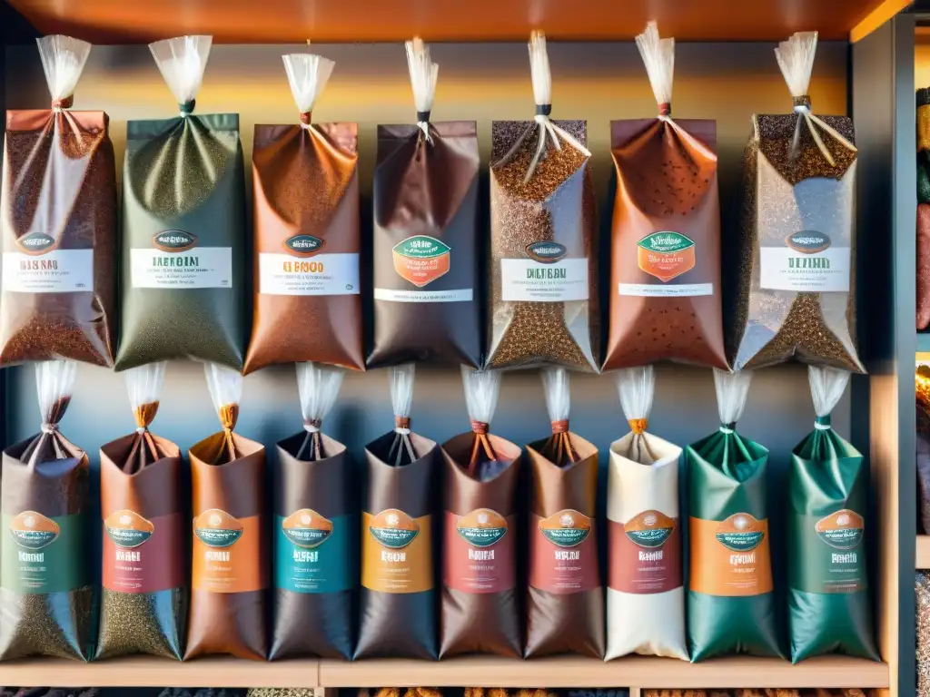 Un mercado sudafricano vibrante con bolsas de biltong en abundantes colores y texturas