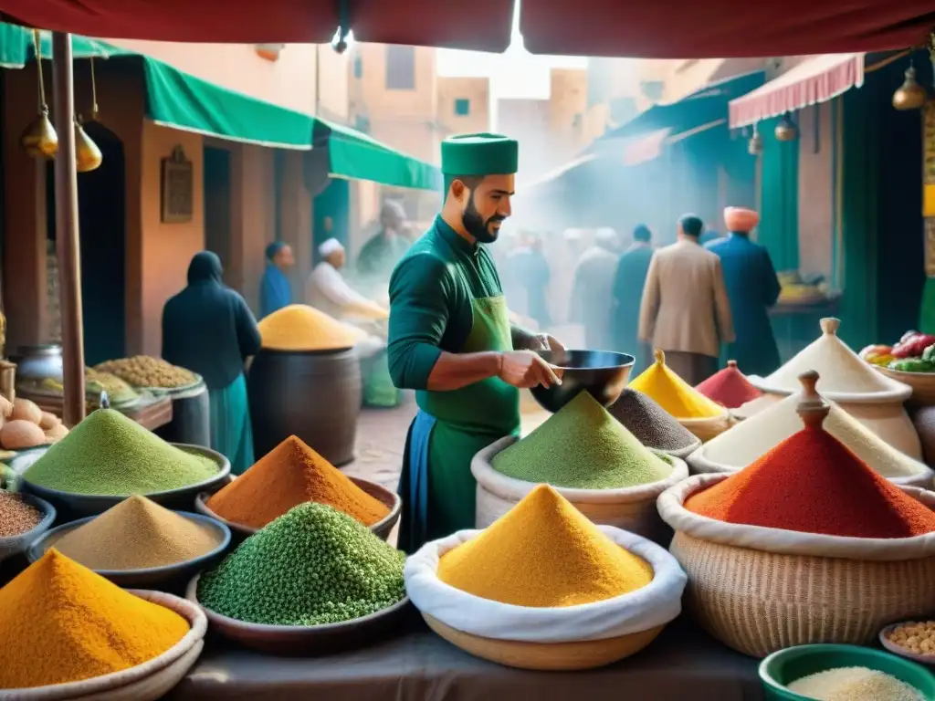 Un mercado tradicional marroquí rebosante de vida y colores, donde se venden especias, verduras y hierbas para preparar couscous