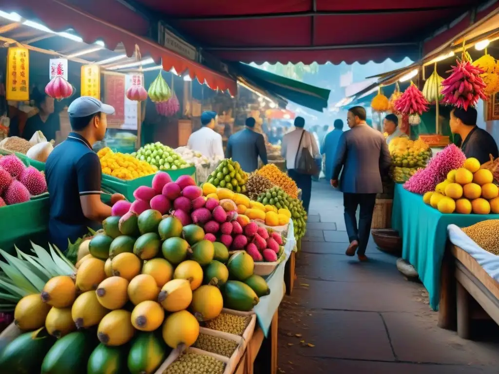 Mercado tropical vibrante con ingredientes exóticos cocina fusión en un ambiente multicultural