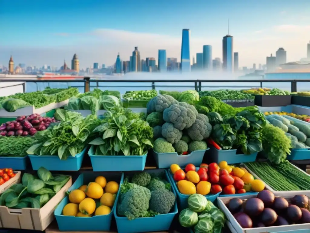 Un mercado urbano bullicioso lleno de coloridos puestos de frutas, verduras, hierbas y flores frescas, con chefs y locales seleccionando productos bajo un cielo azul