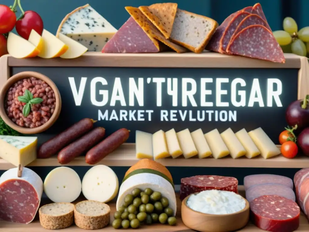 Mercado vegano con alternativas innovadoras charcutería vegana en vibrante ambiente multicultural