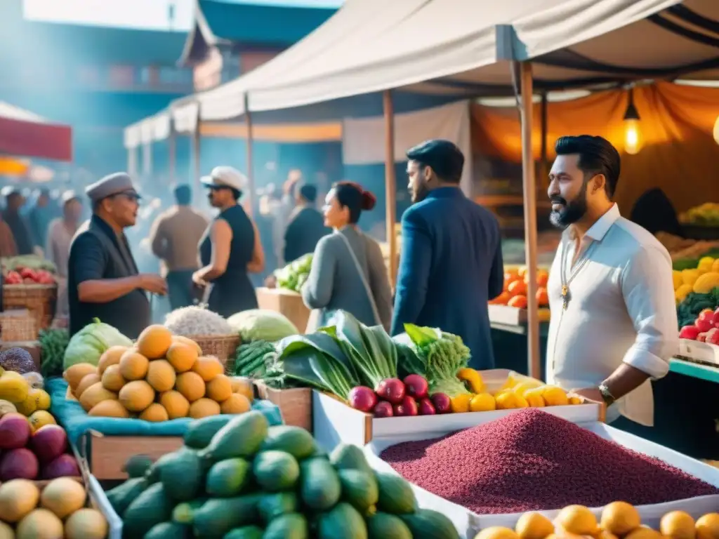 Mercado multicultural de frutas y especias exóticas Un mercado vibrante y bullicioso con frutas, verduras y especias exóticas de todo el mundo