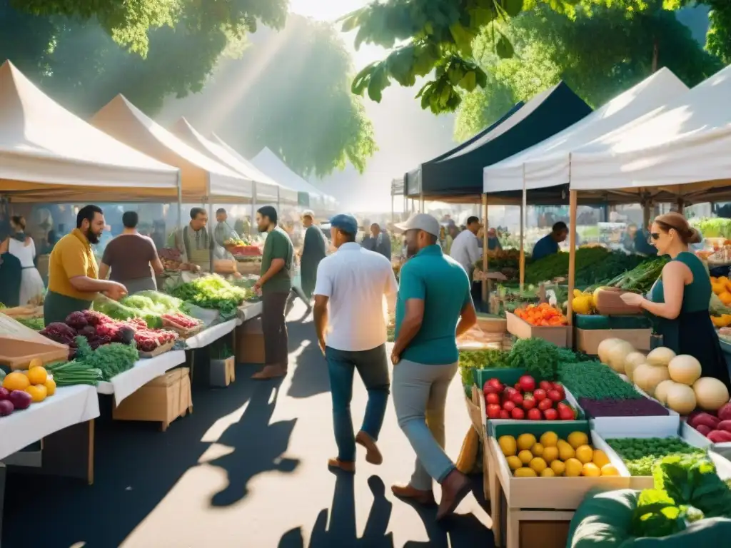 Un mercado agrícola vibrante y bullicioso, lleno de puestos de colores con productos frescos y orgánicos