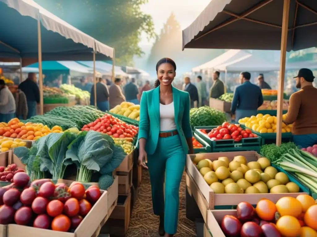 Un mercado agrícola vibrante y colorido con alimentos orgánicos beneficios salud bienestar