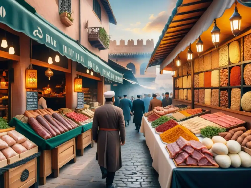 Fotografía de un mercado árabe vibrante y colorido, con influencia árabe en la charcutería española