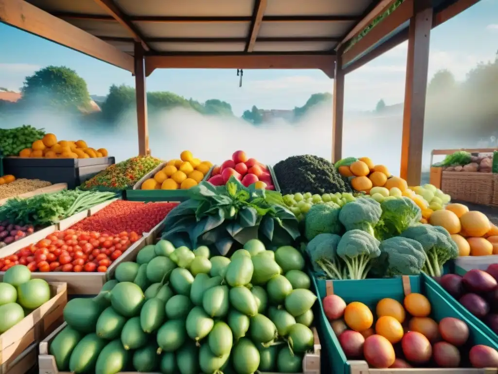 Un mercado agrícola vibrante en un día soleado, reflejando las tendencias gastronomía verde compostaje