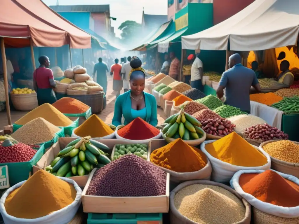 Un mercado vibrante de la diáspora africana con especias, frutas frescas y vendedores de diversos orígenes