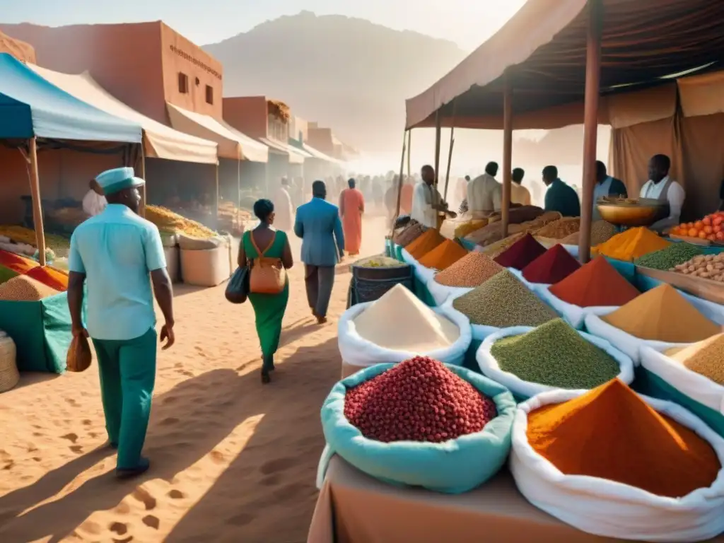 Un mercado vibrante en un escenario desértico con sabores únicos y colores vivos en África