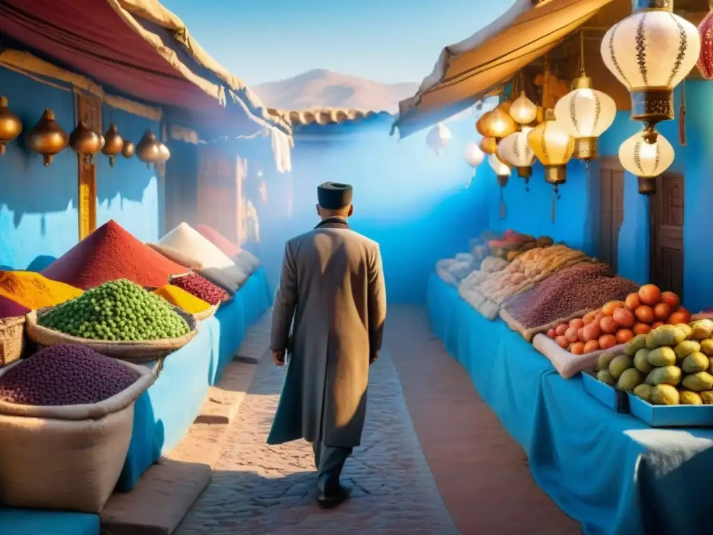 Mercado vibrante en Marruecos con especias y frutas exóticas, locales en atuendos tradicionales y las montañas del Atlas de fondo bajo un cielo azul