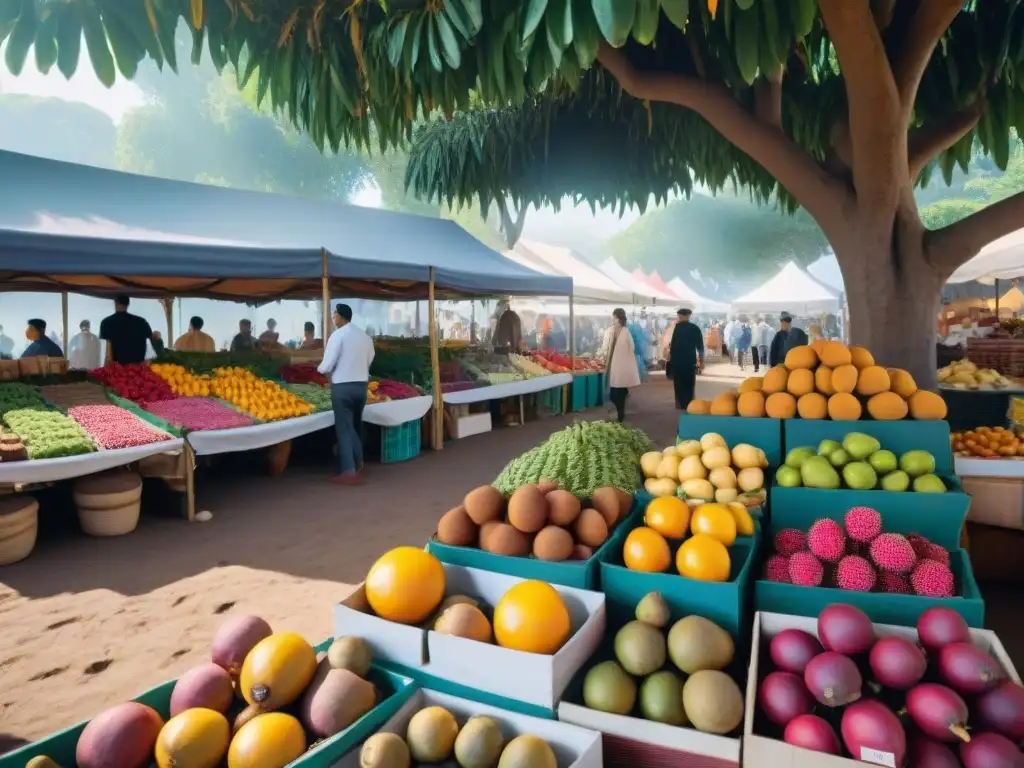 Mercado vibrante con productos frescos y coloridos de todo el mundo, creando una atmósfera cálida y rica en cultura