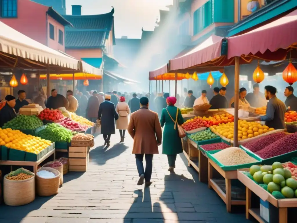 Un mercado vibrante con puestos de frutas coloridas, especias exóticas y cocina variada en una ciudad diversa