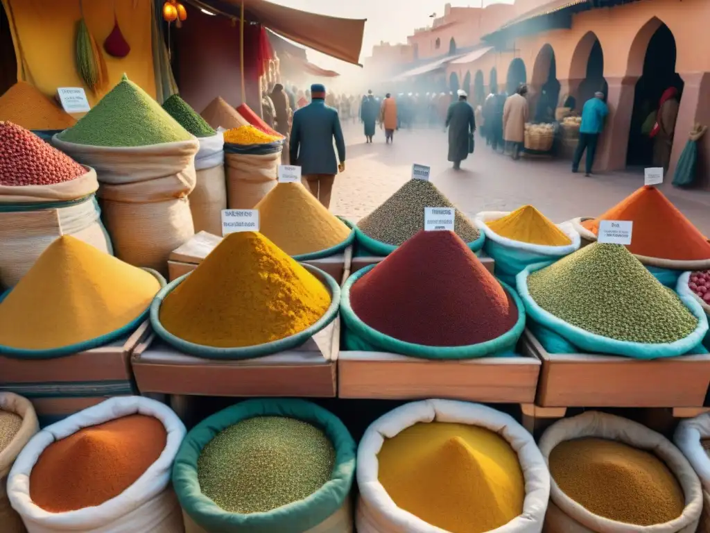 Un mercado vibrante en Marrakech con variedad de mostazas del mundo exóticas en sacos y frascos coloridos