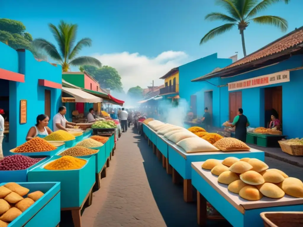 Mercados de comida callejera América Latina: escena vibrante con puestos de comida coloridos y locales disfrutando de delicias tradicionales