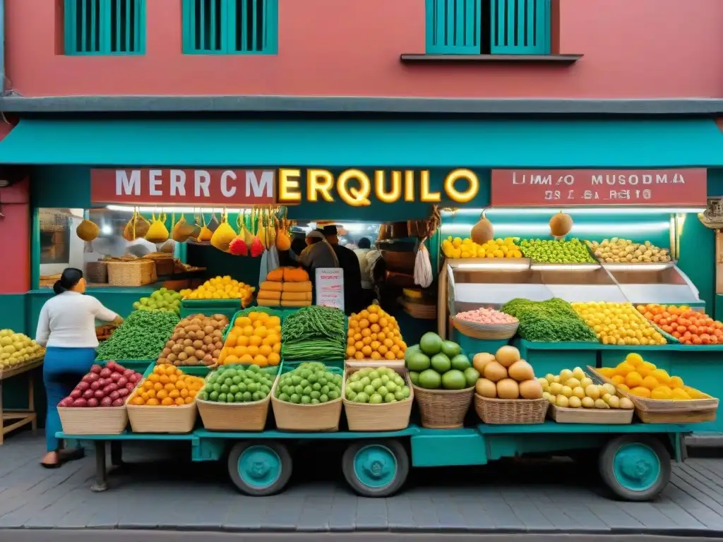 Mercados de comida callejera en América Latina: Escena vibrante en el Mercado de Surquillo, Lima, con sabores y colores auténticos