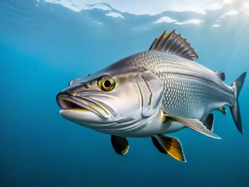 Merluza negra nada majestuosamente en aguas frías del Sur, rodeada de peces y profundidades oceánicas