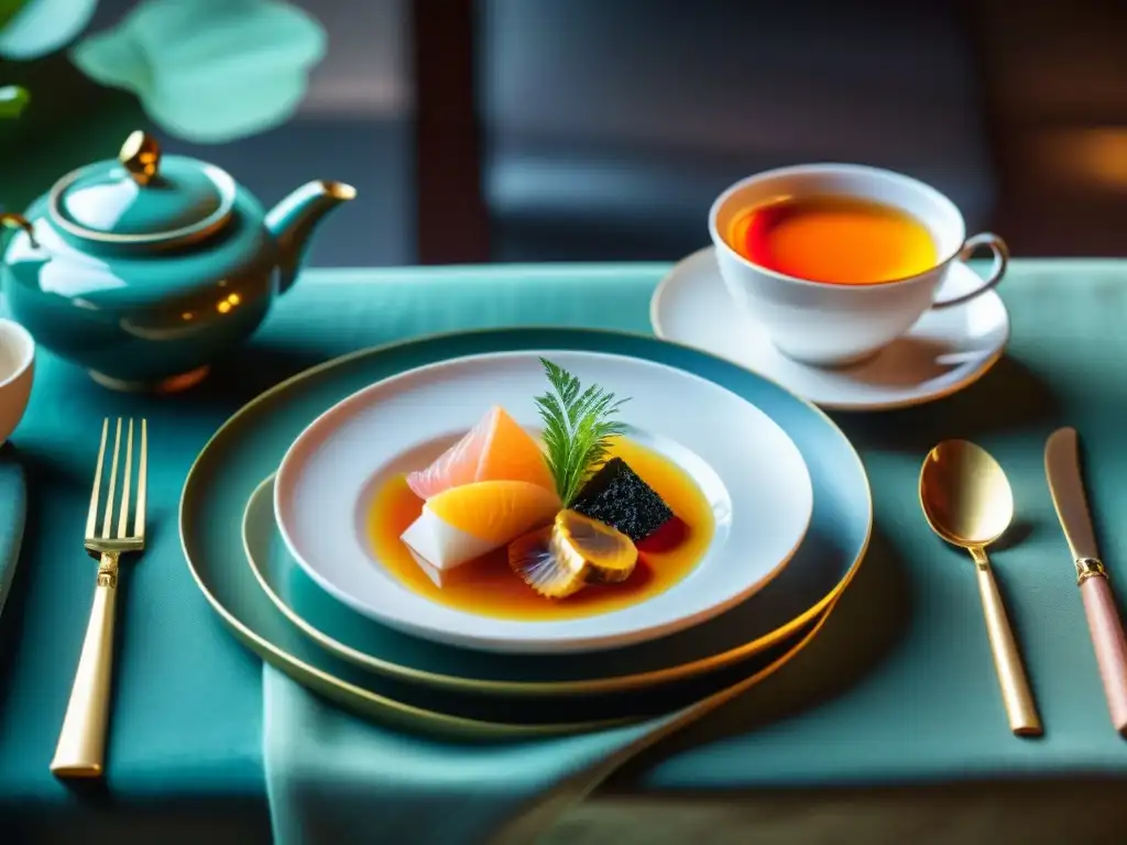 Una mesa de alta cocina con exquisito maridaje de té, platos gourmet y elegante vajilla