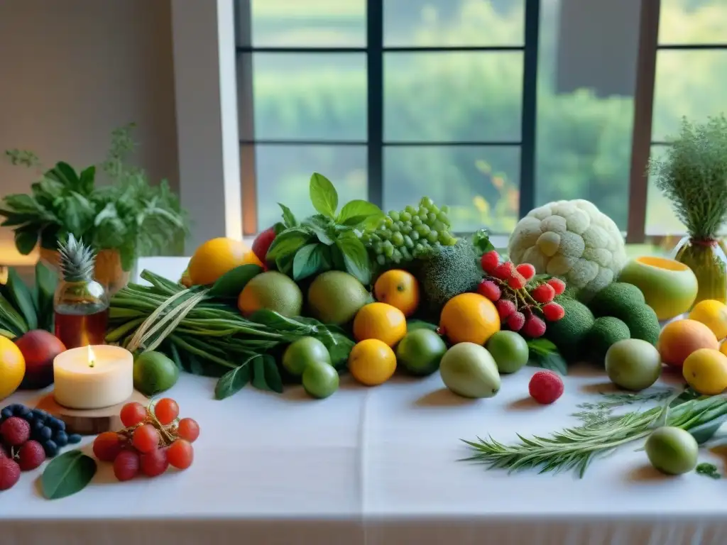 Una mesa de banquete elegante con alimentos orgánicos frescos y coloridos en un evento sostenible, bañada por la cálida luz del sol