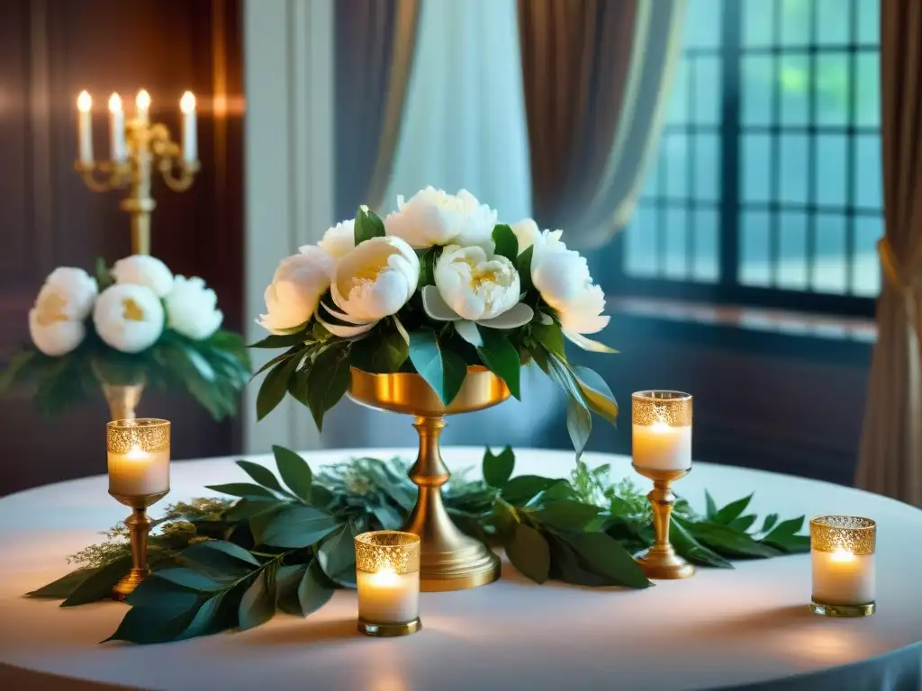 Una mesa de banquete lujosa con centros refinados de peonías blancas y velas doradas, creando un ambiente elegante