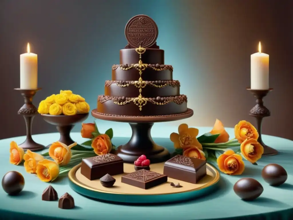 Una mesa de banquete lujosa con esculturas de chocolate inspiradas en obras literarias famosas