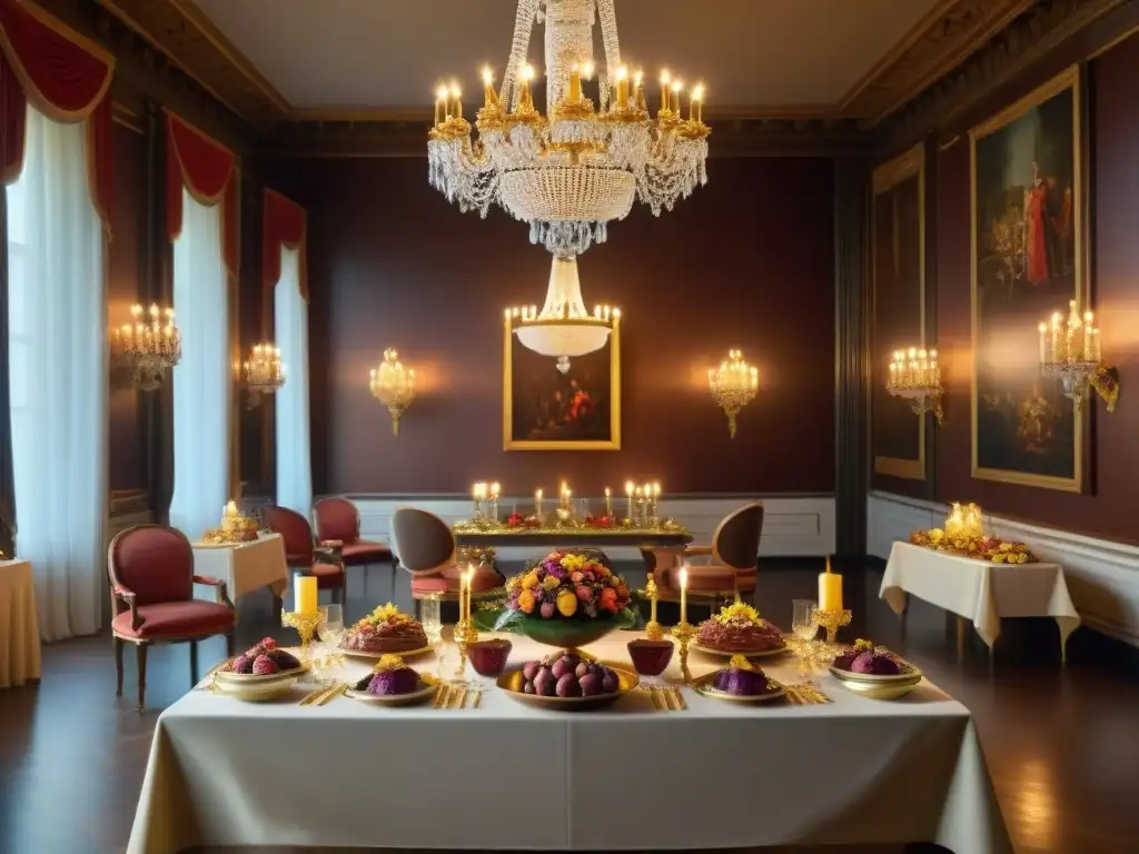 Una mesa de banquete lujosa en un palacio europeo con postres de chocolate y vajilla dorada, iluminada por velas en una escena de revoluciones amorosas en papel chocolate