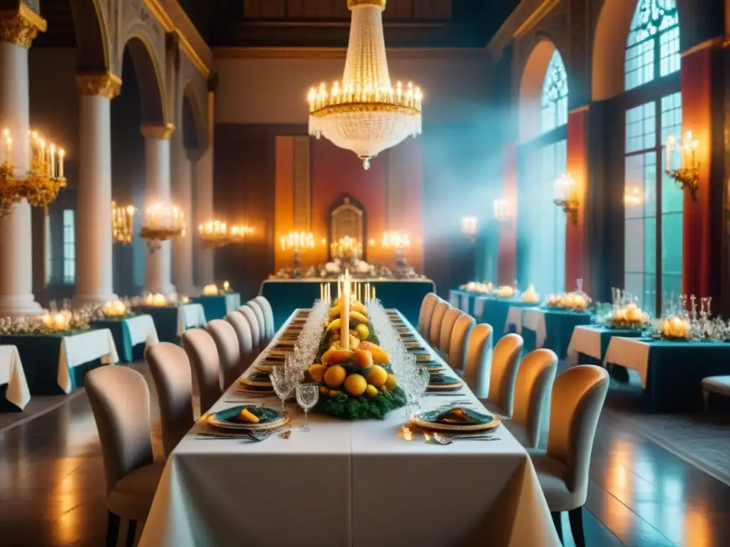 Una mesa de banquete opulenta en un palacio, con vajilla lujosa y manjares exquisitos