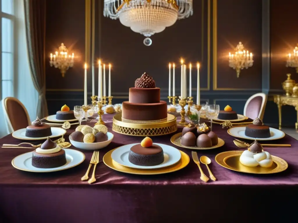 Una mesa de banquete opulenta en un palacio europeo, con postres de chocolate decadentes