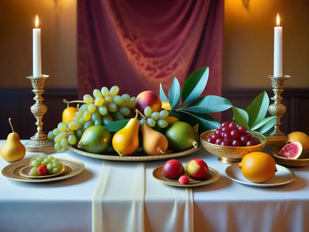 Una mesa de banquete renacentista llena de exóticas frutas y opulentos platos, rodeada de nobles en vestimenta de la época