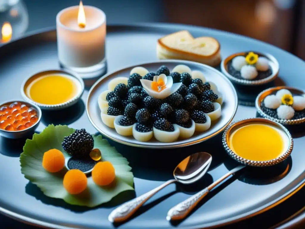 Una mesa de cata lujosa con caviar de lujo gourmet exclusivo, champagne premium y elegantes detalles