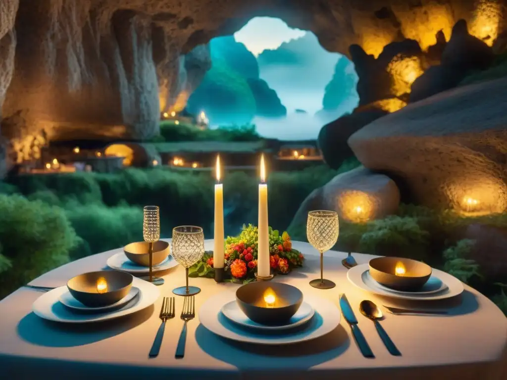 Una mesa de cena elegantemente decorada en una cueva iluminada con velas, creando una atmósfera mágica