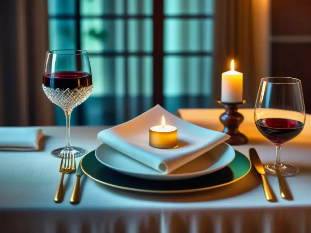 Una mesa de cena elegante con copas de vino, cubiertos de plata, platos delicados y botellas de vino, todo bañado en luz de velas