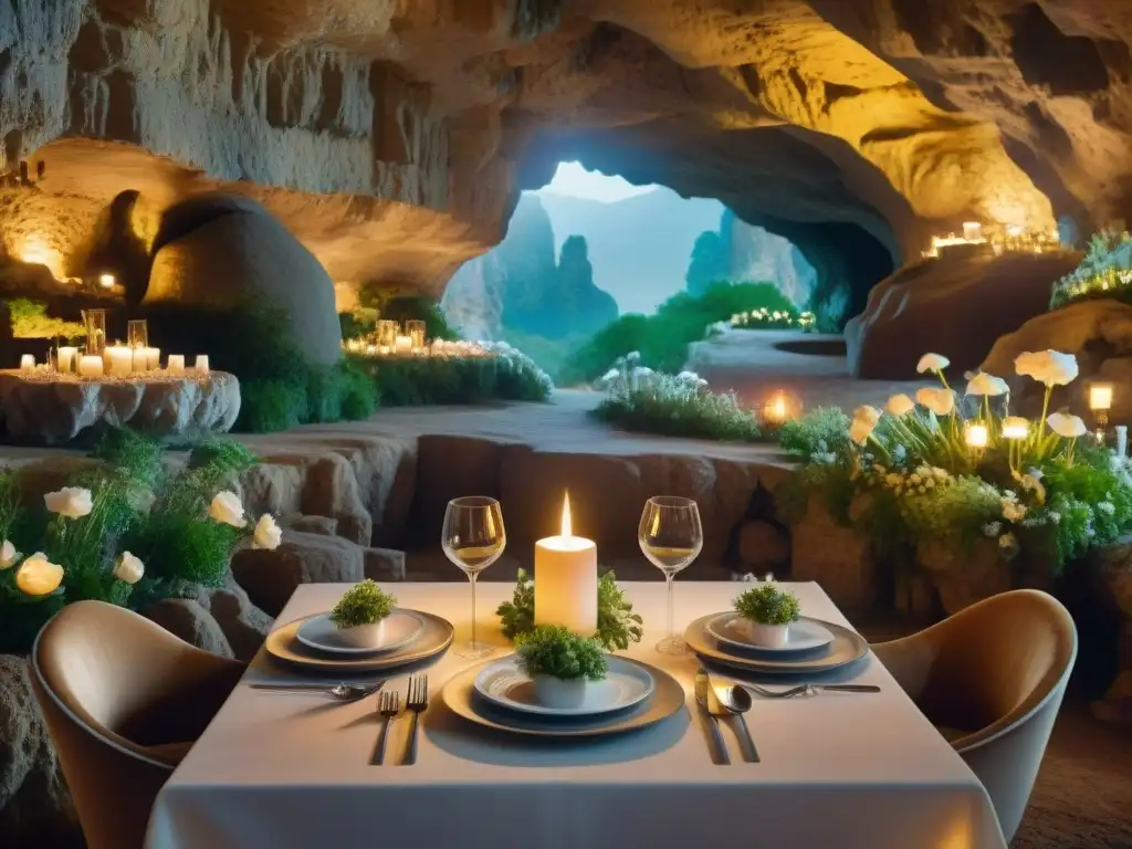 Una mesa de cena elegante en una cueva iluminada por velas, con un aura mágica y misteriosa