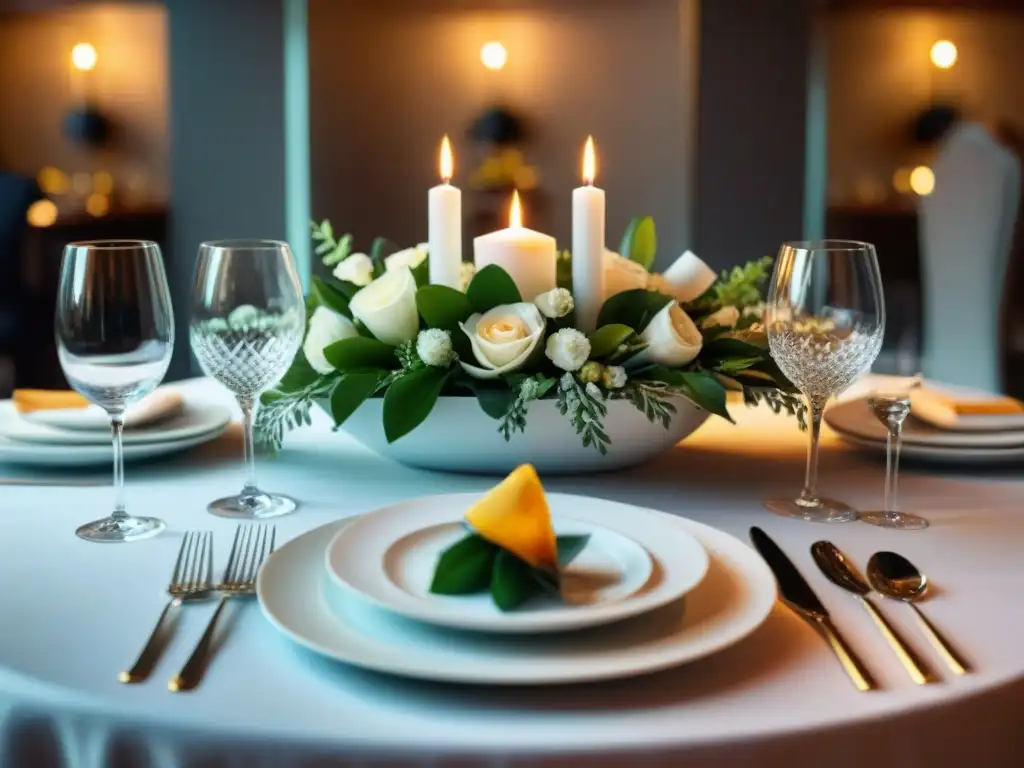 Una mesa de cena elegante para un evento PopUp, con decoración floral, vajilla fina, cristalería y cubiertos de plata