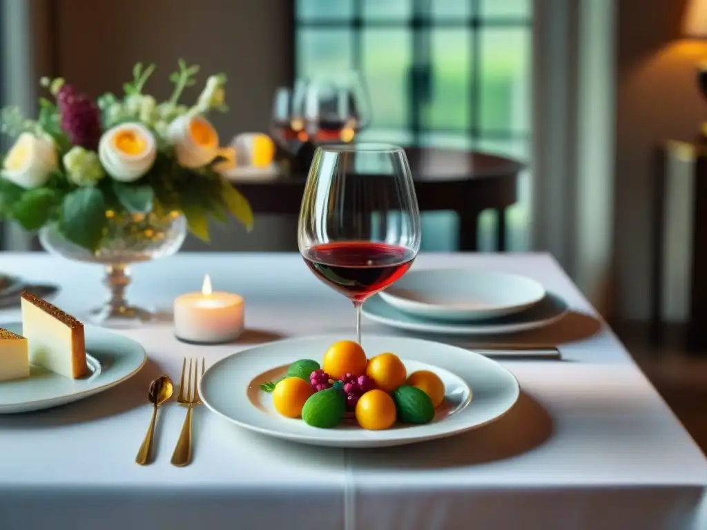 Una mesa de cena elegante con fina vajilla, copas de cristal y comida gourmet, perfecta para el arte del maridaje cena gourmet