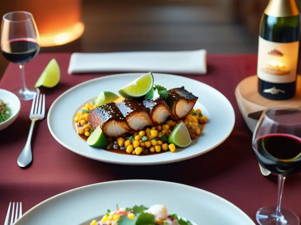 Una mesa de cena elegante con platos mexicanos y vinos para cena mexicana fusión