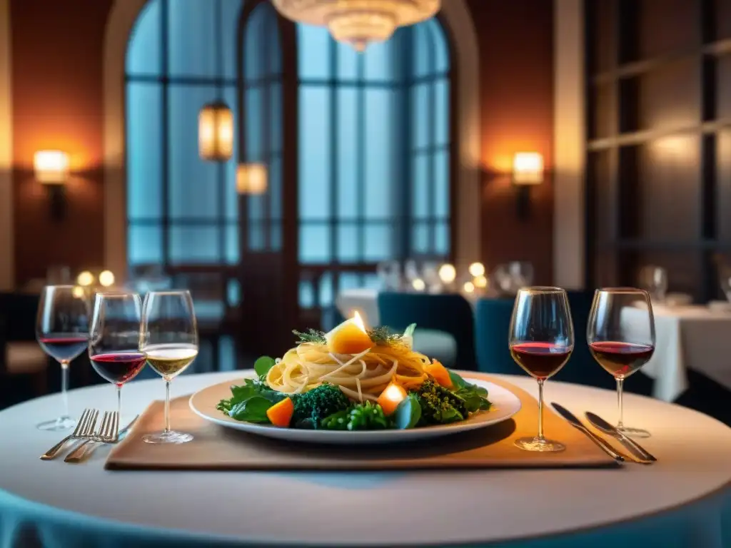 Una mesa de cena elegante en un restaurante acogedor con decoración sofisticada y exquisitos platillos, reflejando una atmósfera cálida y sofisticada