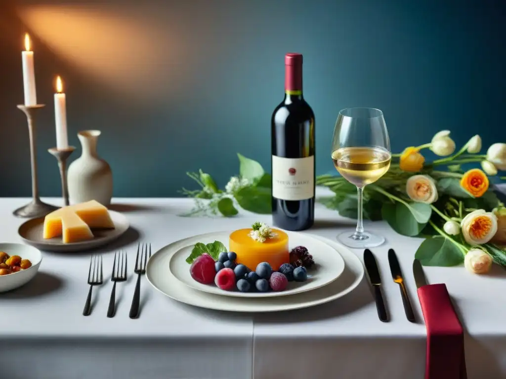 Una mesa de cena elegante con vinos y platos gourmet, exudando lujo y sofisticación