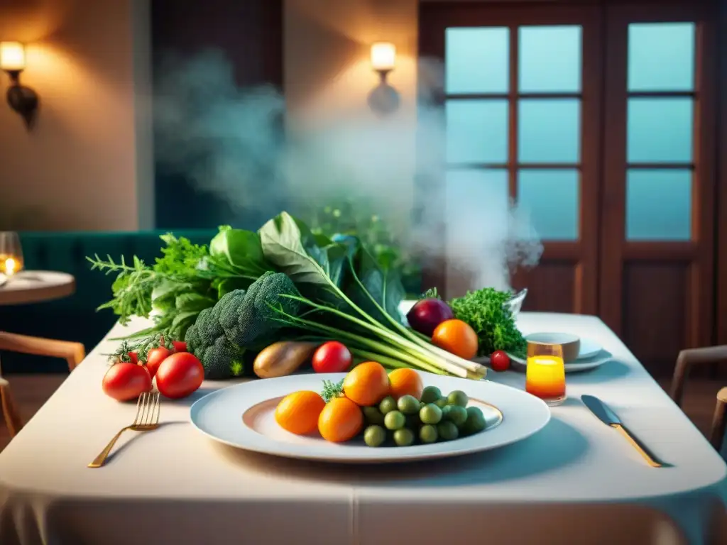 Una mesa de cena gourmet con alimentos orgánicos exquisitamente presentados en un restaurante de lujo